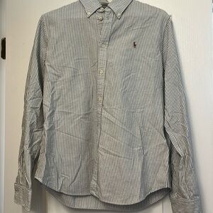 Ralph Lauren Women’s Grey/white Striped button down, long sleeve, custom fit